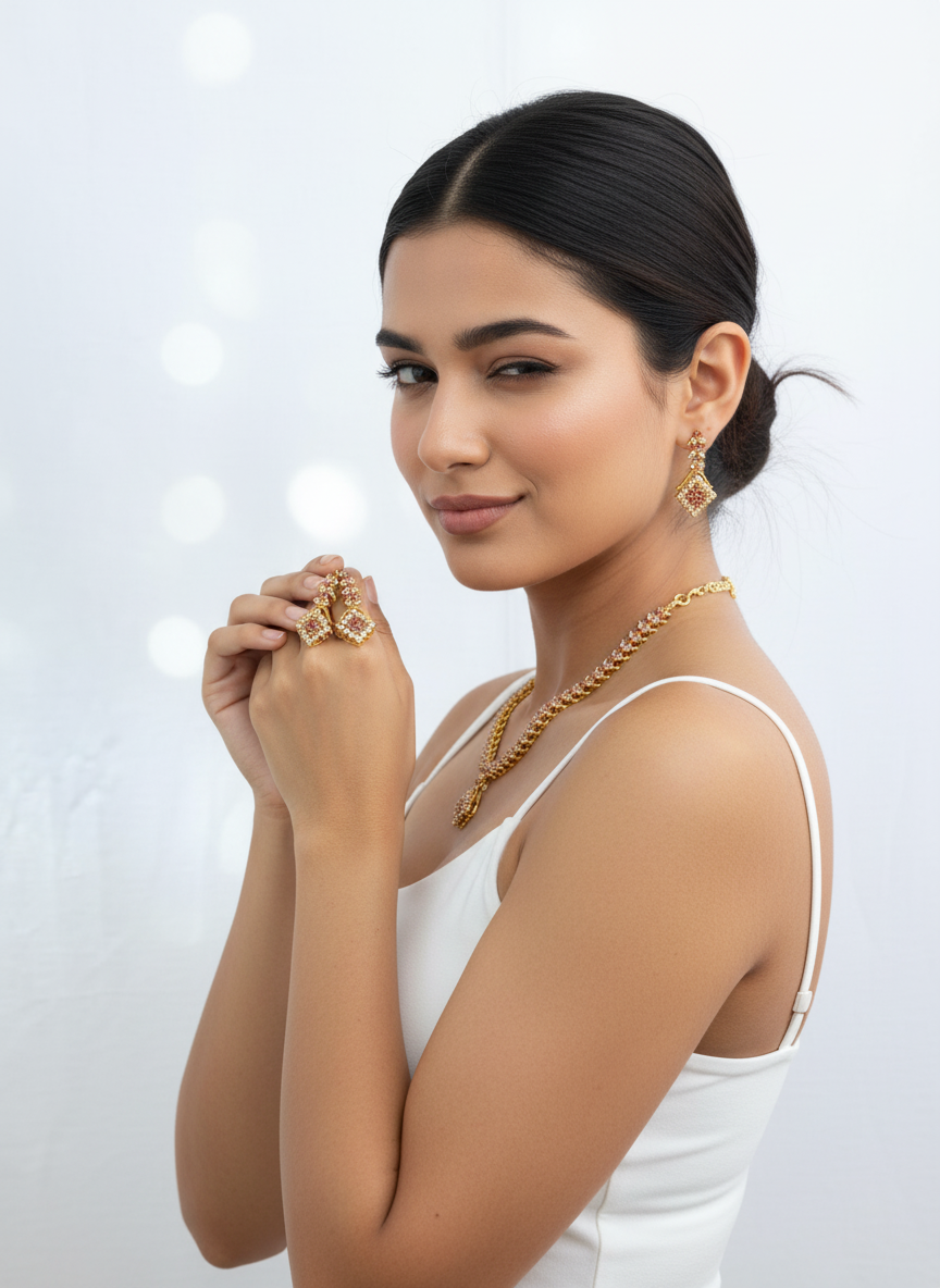 Exquisite Gold-Toned Diamond and Ruby Necklace Set with Earrings